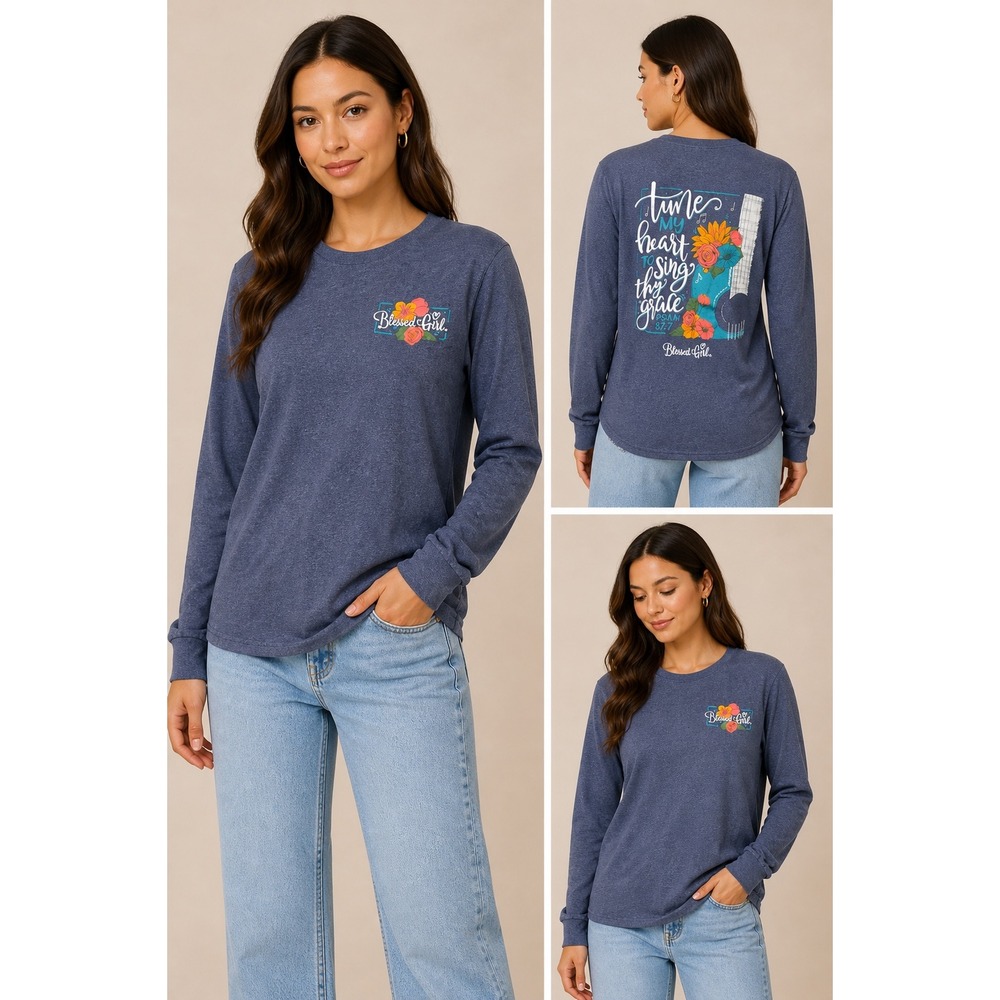 Blessed Girl Psalm 87:7 Tune My Heart To Sing Thy Grace Navy LS Graphic Tee S